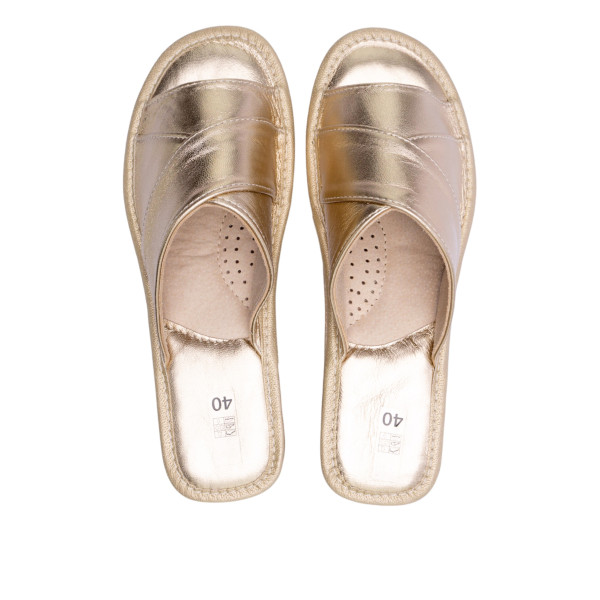 Kapcie góralskie damskie złote skórzane – eleganckie pantofle na obcasie