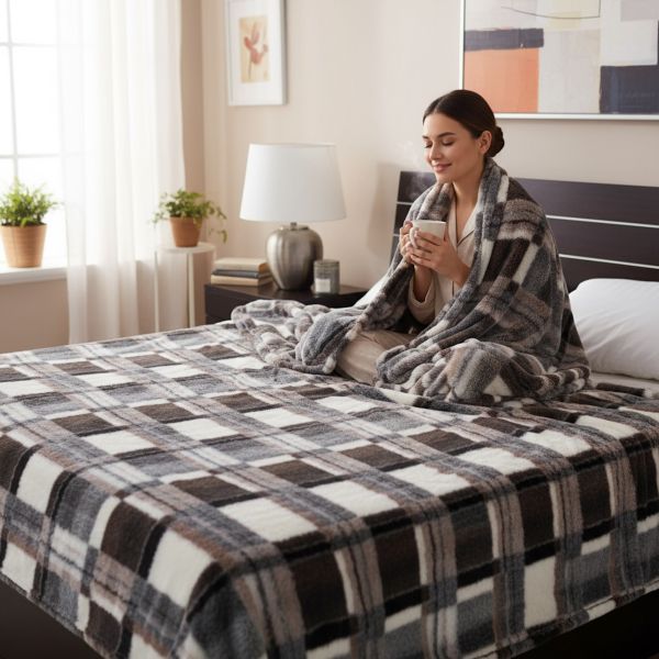 Koc wełniany krata brąz 160x200