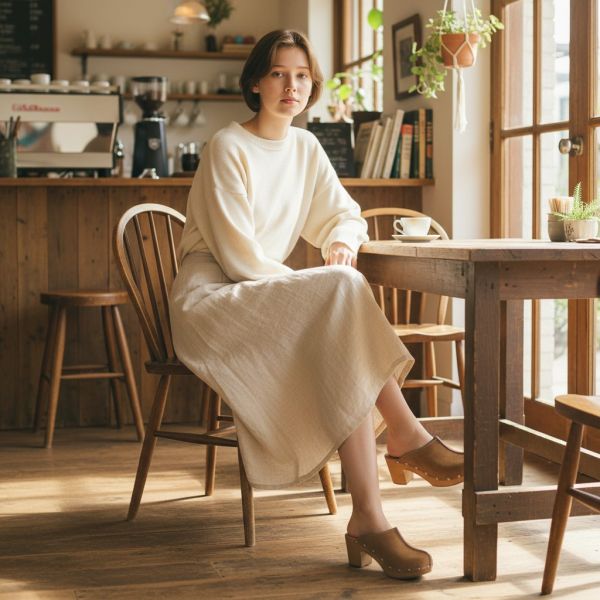 Drewniaki damskie skórzane karmelowe na koturnie – nubuk, lekkie drewniane klapki, wygodne, polski produkt JA009