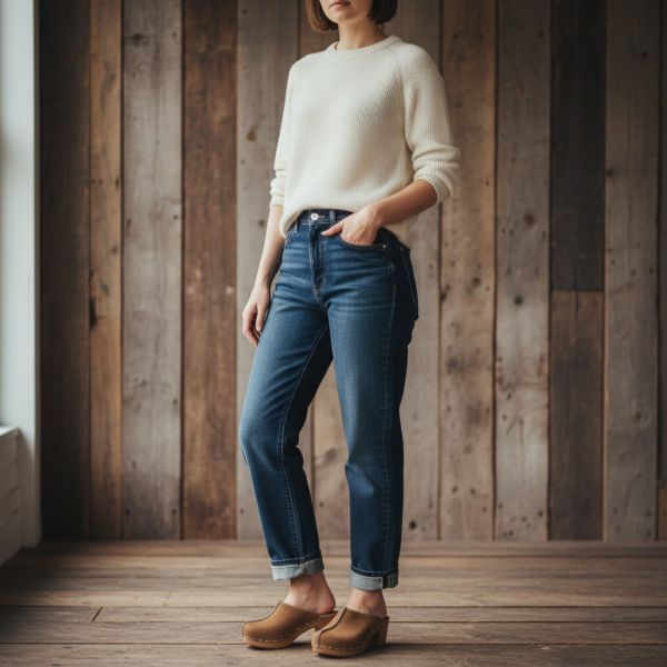 Drewniaki damskie skórzane karmelowe na koturnie – nubuk, lekkie drewniane klapki, wygodne, polski produkt JA009