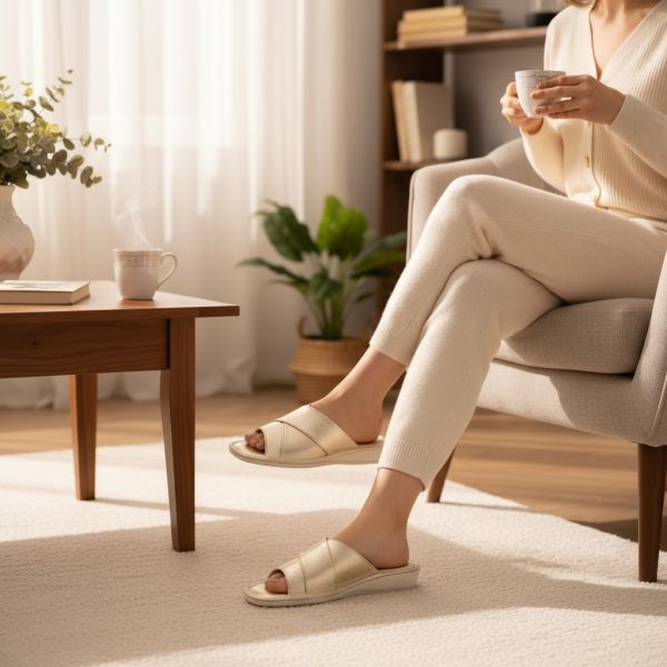 Kapcie góralskie damskie złote skórzane – eleganckie pantofle na obcasie