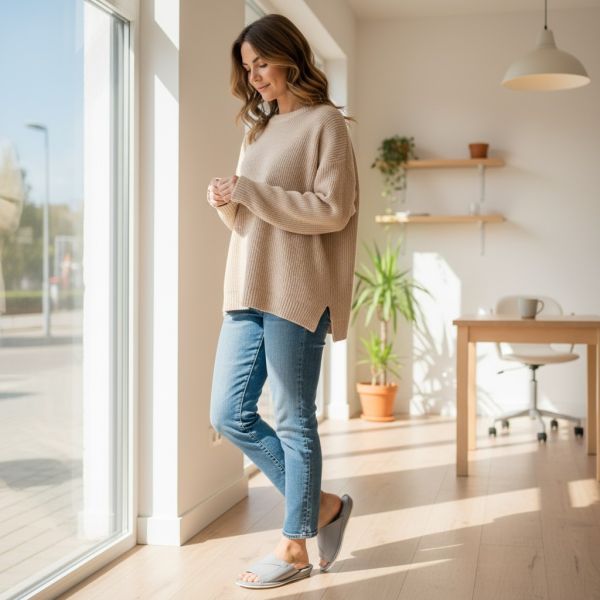 Pantofle domowe damskie skórzane szare – kapcie z Podhala na obcasie komfortowe