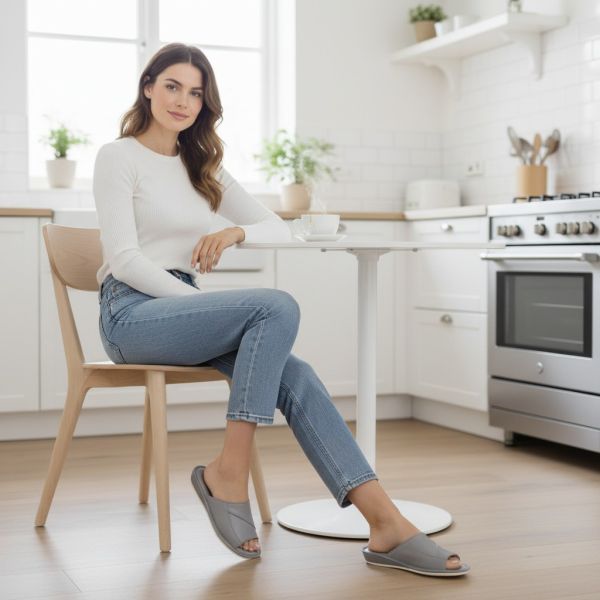 Pantofle domowe damskie skórzane szare – kapcie z Podhala na obcasie komfortowe