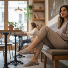 Pantofle domowe damskie skórzane szare – kapcie z Podhala na obcasie komfortowe