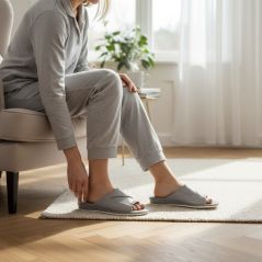 Pantofle domowe damskie skórzane szare – kapcie z Podhala na obcasie komfortowe